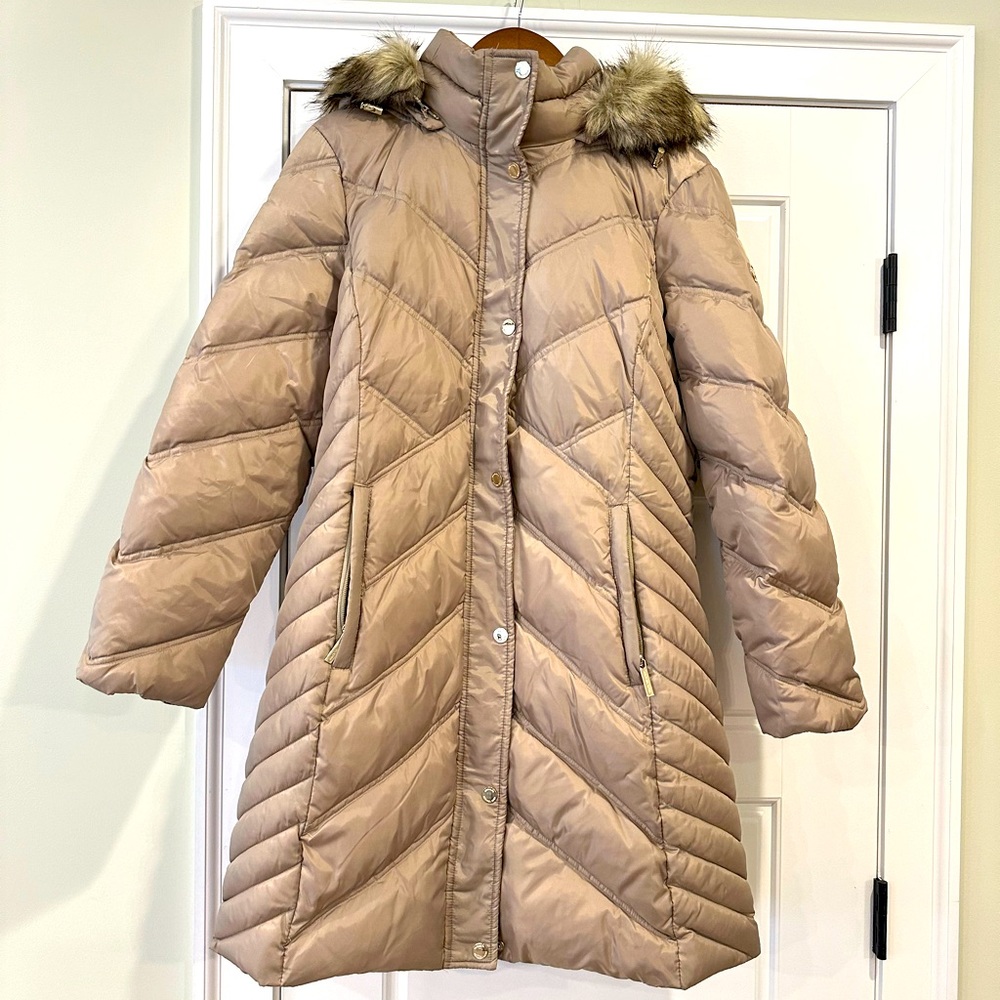 MICHAEL KORS Long Trench Puffer Coat w/ Removable Faux Fur Hood
